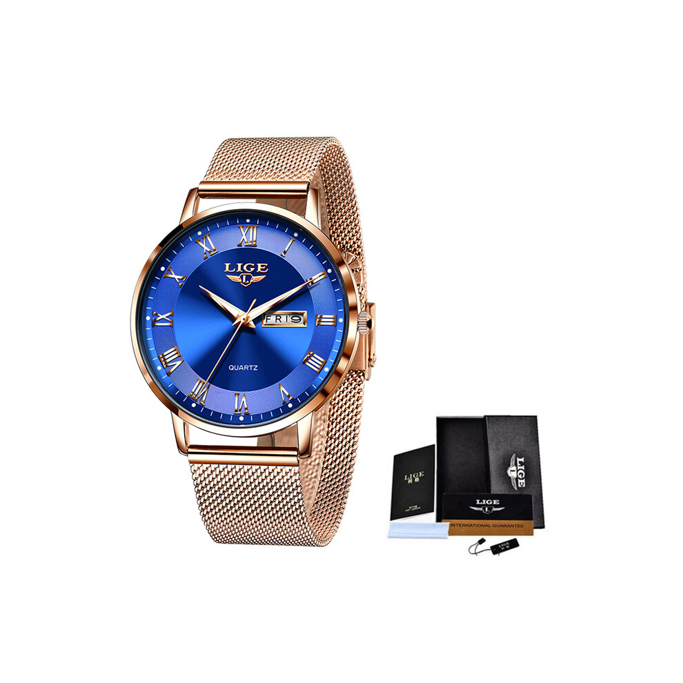 (Or rose bleu) LIGE Montres Homme Top Marque Luxe Ultra-Mince Sport Quartz Montre-Bracelet Homme Mode