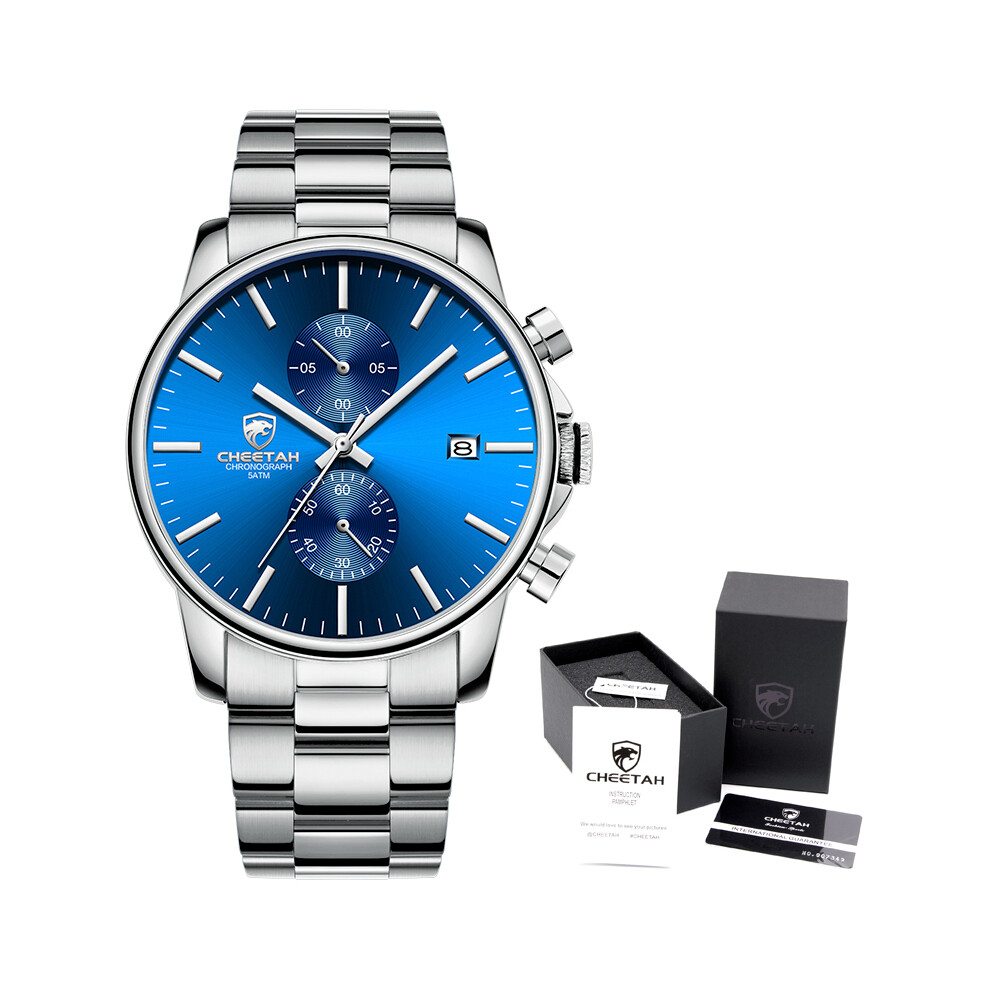 Montre pour homme (boîte bleue argentée) avec coffret cadeau, montre à quartz noire pour homme, chronographe