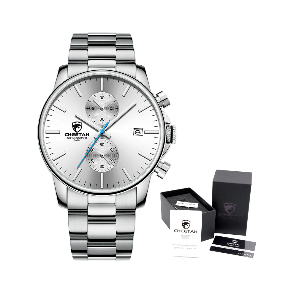 Montre pour homme (boîte blanche argentée) avec coffret cadeau, montre à quartz noire pour homme, chronographe