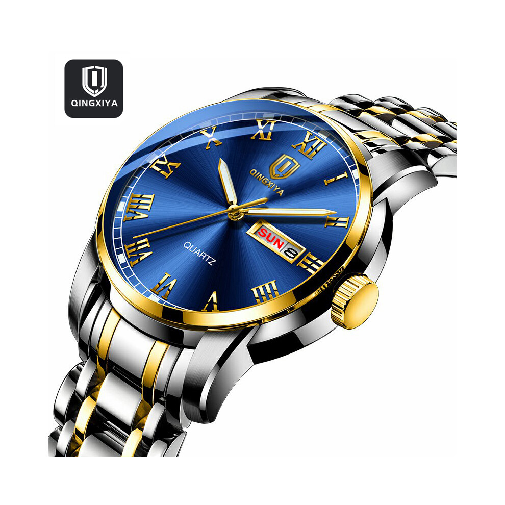 (Argent Or Bleu) QINGXIYA Top Marque De Luxe Or Rouge Quartz Montre Hommes En Acier Inoxydable Lumineux