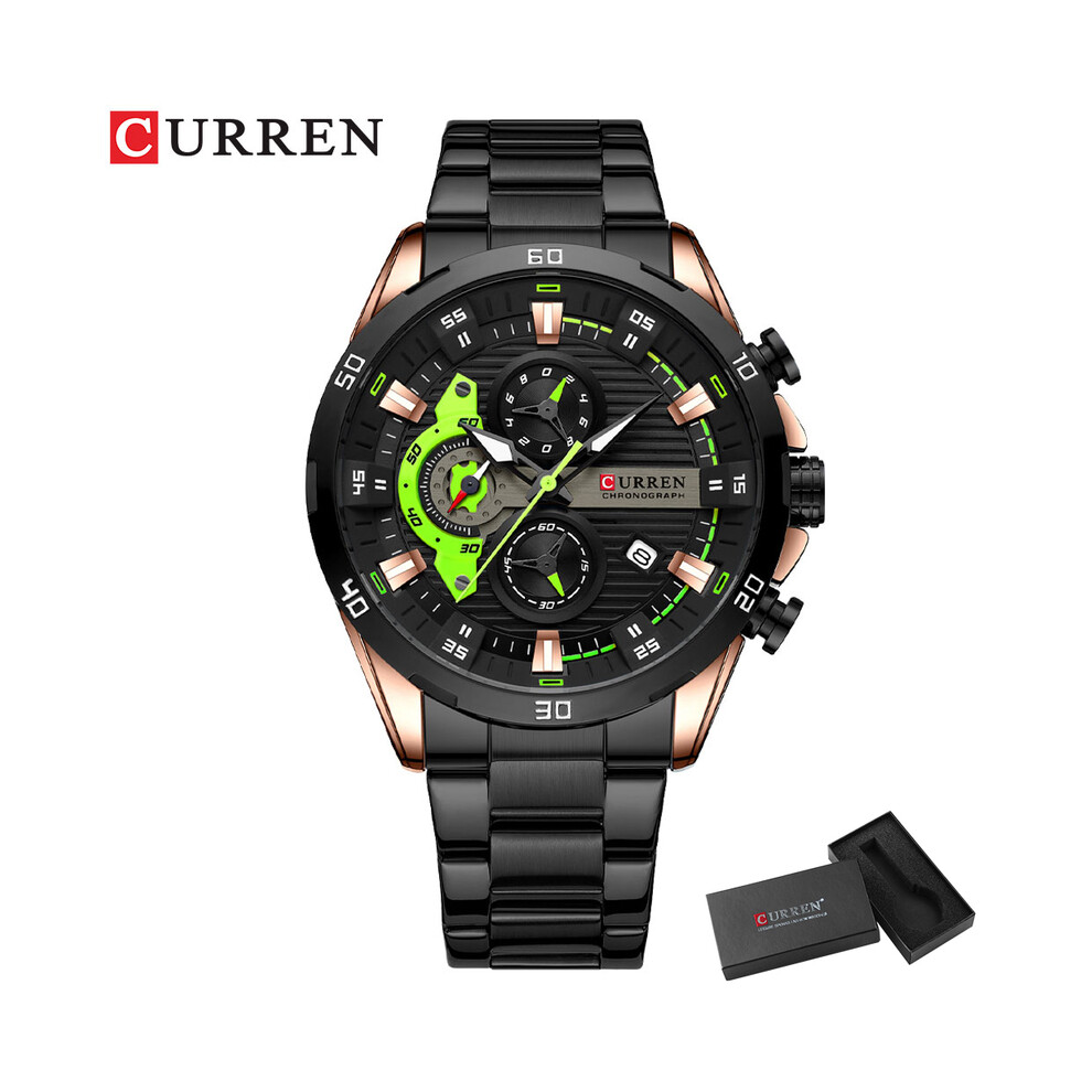 (Boîte rose noire) Montre-bracelet à quartz chronographe de sport étanche pour homme en acier inoxydable