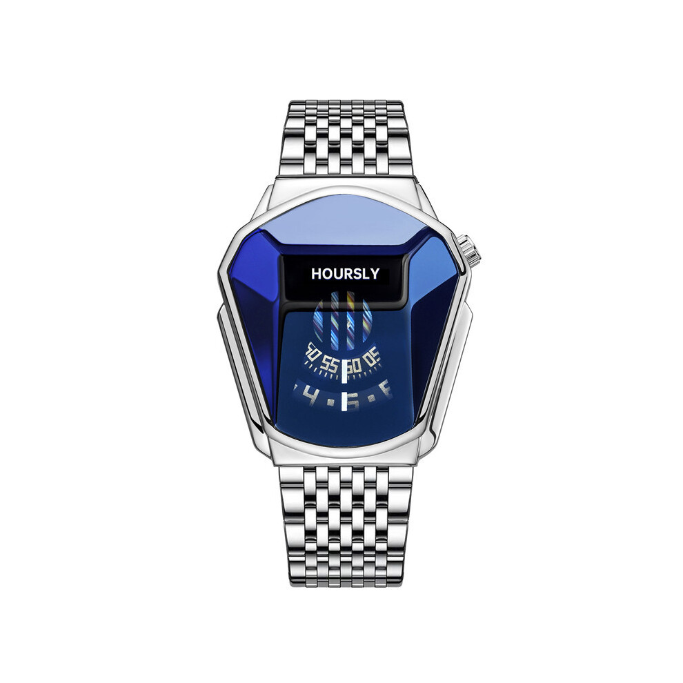 (argent bleu) Montre-bracelet de luxe tendance pour homme en acier inoxydable doré, technologie à quartz