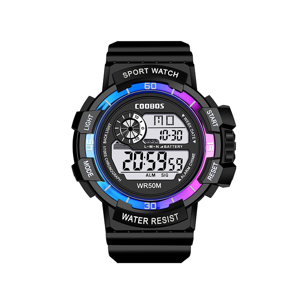Montre de sport numérique LED étanche pour homme, multifonction, style militaire (bleu/violet)