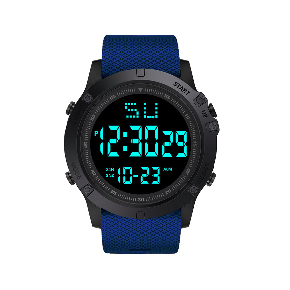 (4-Bleu) Montres de sport LED pour hommes, horloge numérique multifonctionnelle en caoutchouc pour hommes,