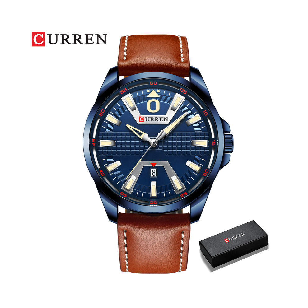 (boîte bleue marron) Montre à quartz de luxe pour homme, montre en cuir, horloge à date automatique,
