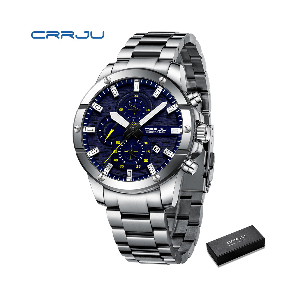 (boîte bleue argentée) Montre homme NEUVE Quartz Grandes montres Entièrement en acier Étanche Chronographe