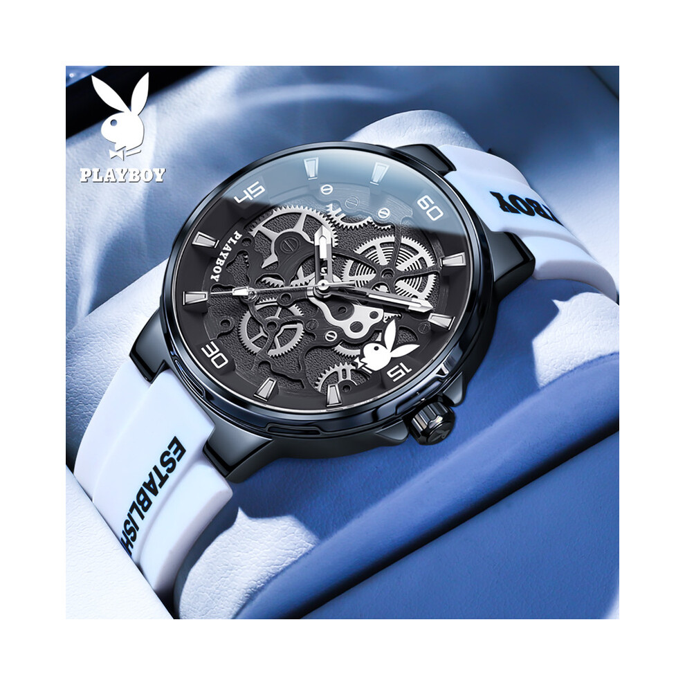 (Blanc noir) PLAYBOY Mode Casual Hommes Montre De Luxe Étanche Lumineux Homme Montre-Bracelet À Quartz