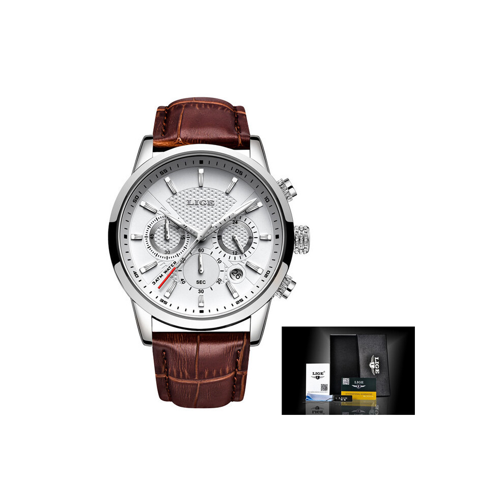 (argent) LIGE Montre Homme Luxe Cuir Étanche Sport Quartz Montre-Bracelet Chronographe Montre Militaire