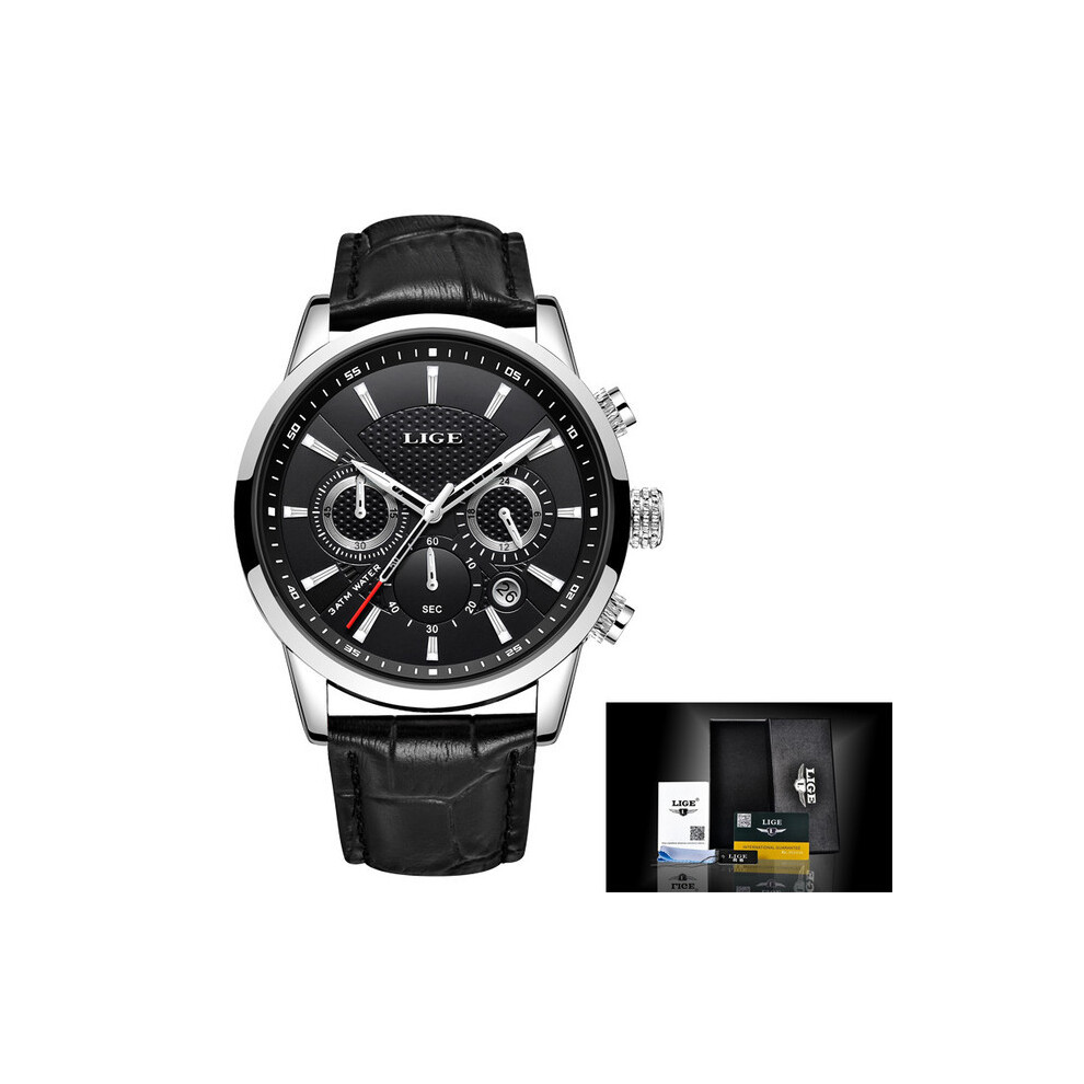 (noir) LIGE Montre Homme Luxe Cuir Étanche Sport Quartz Montre-Bracelet Chronographe Montre Militaire
