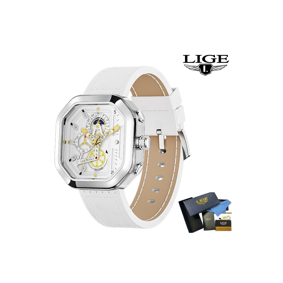 (Blanc argenté) LIGE Mode Cadran Carré Cuir Montres Hommes Luxe Sport Étanche Montre Homme Chronographe