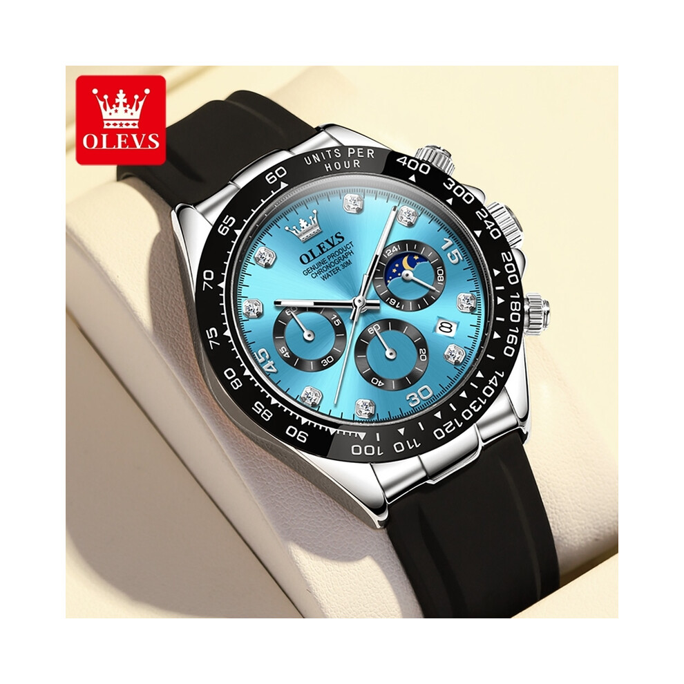 Montre-bracelet analogique OLEVS pour homme avec cadran noir et bleu, chronographe et calendrier, bracelet