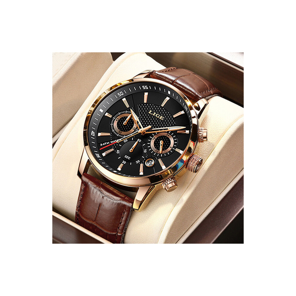 (Or rose noir S) LIGE Mode Automatique Date Hommes Montres À Quartz Top Marque De Luxe Mâle Horloge