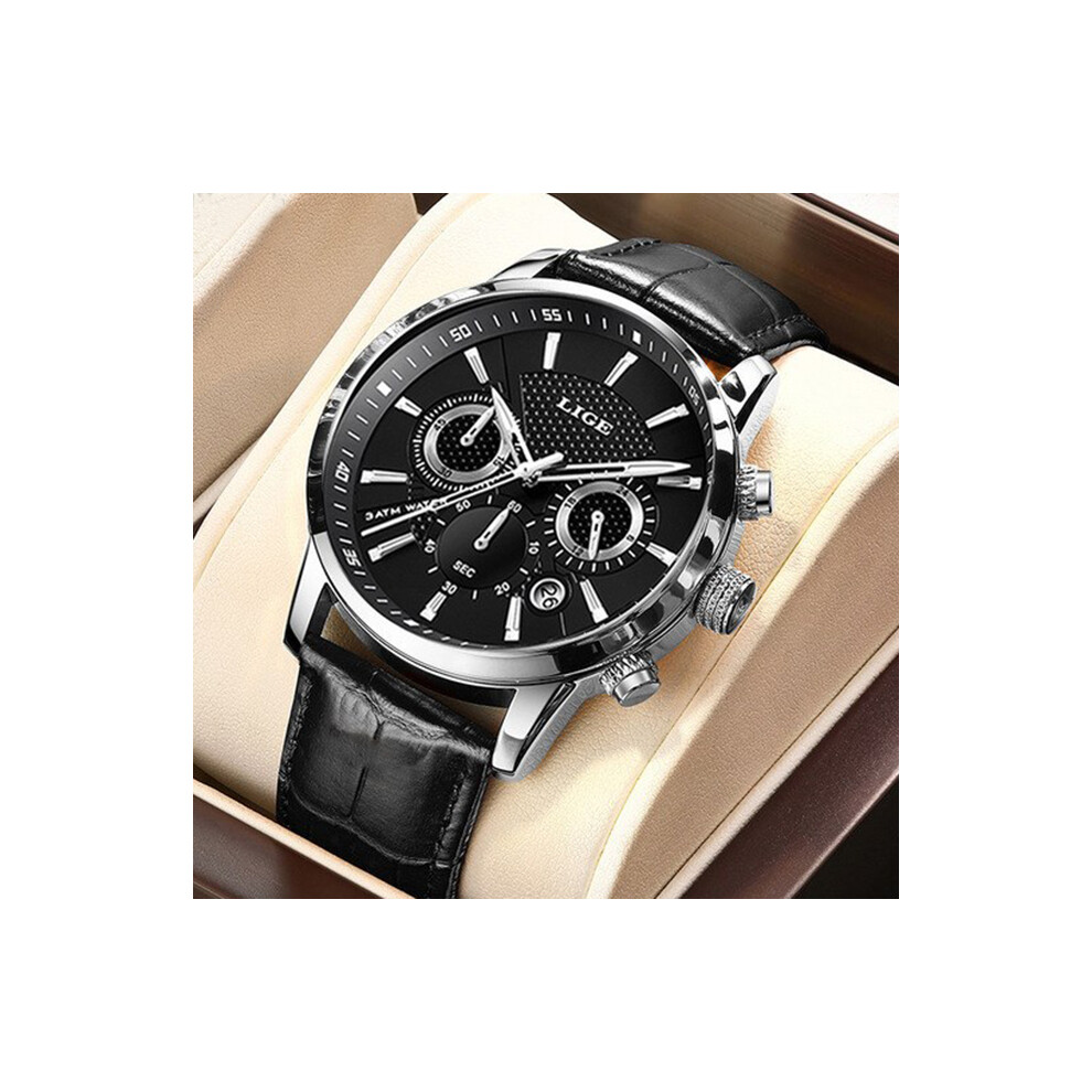 (Argent noir S) LIGE Mode Automatique Date Hommes Montres À Quartz Top Marque De Luxe Mâle Horloge Chronographe