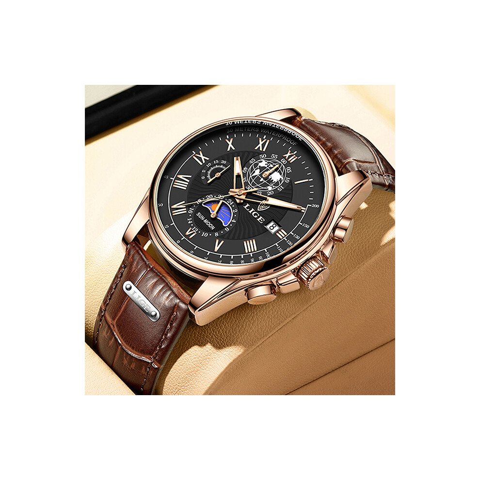 (Or rose noir) LIGE Mode Automatique Date Hommes Montres À Quartz Top Marque De Luxe Mâle Horloge Chronographe