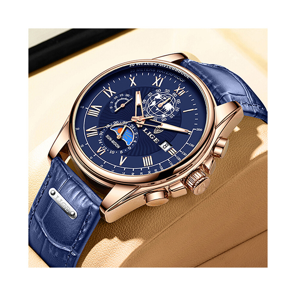 (Or rose bleu) LIGE Mode Automatique Date Hommes Montres À Quartz Top Marque De Luxe Mâle Horloge Chronographe