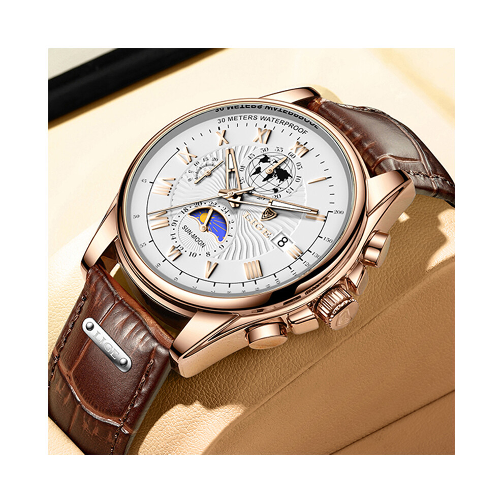 (Or rose blanc) LIGE Mode Automatique Date Hommes Montres À Quartz Top Marque De Luxe Mâle Horloge Chronographe