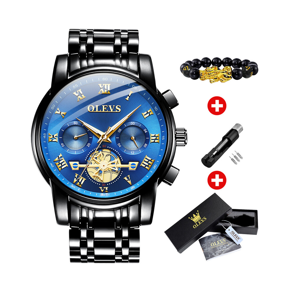 (noir-bleu) OLEVS Montres pour hommes de marque supérieure, cadran à échelle romaine classique, montre-bracelet