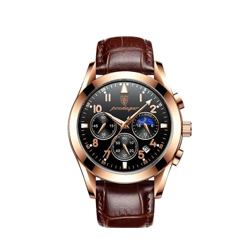 Montre de luxe à quartz pour homme (cuir or rose), bracelet en acier inoxydable, chronographe sportif