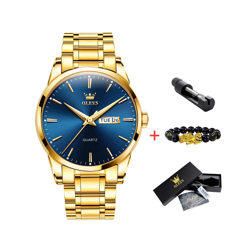 (Bleu) OLEVS Montres-bracelets classiques en or pour les grandes marques de luxe en cuir d'affaires