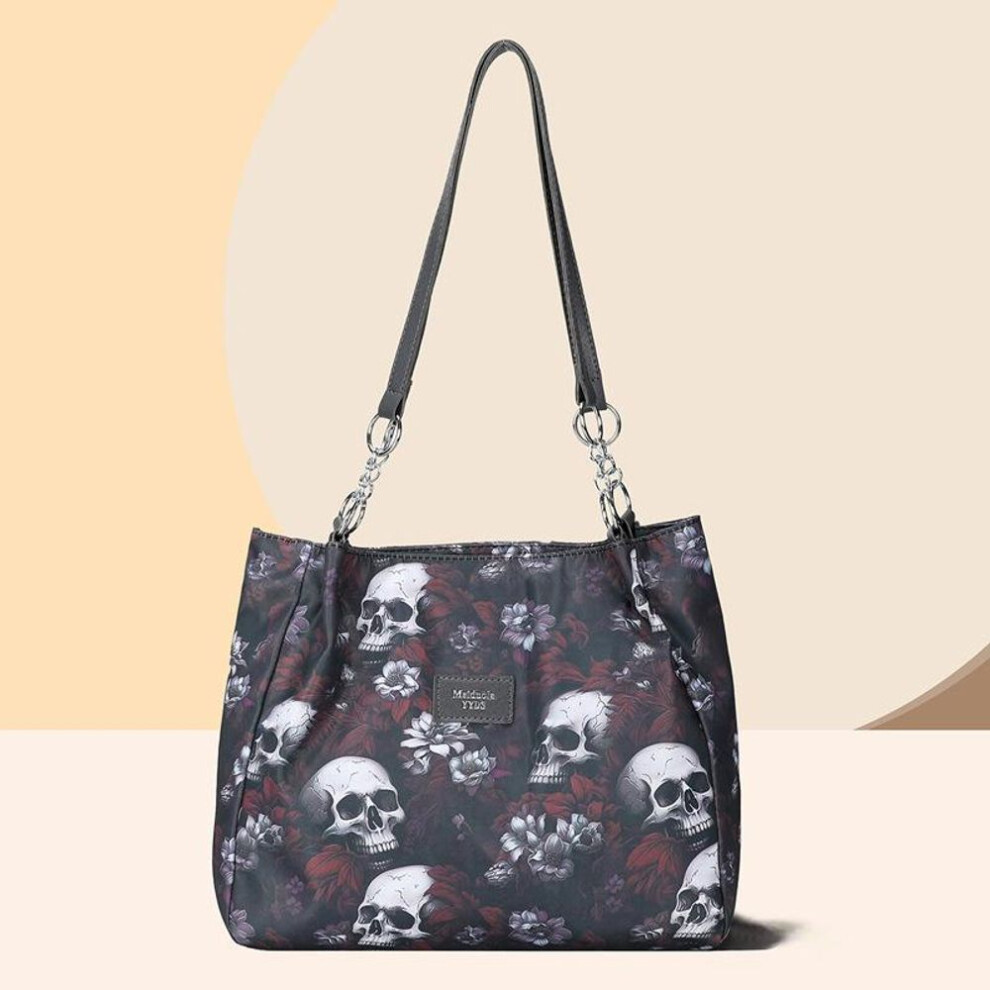 (red, 31x10x28cm) Yogodlns Vintage Gothic Waterproof Oxford Shoulder Bag Aesthetic Skull Print Purses Women Handbag Large Capacity Messenger Totes