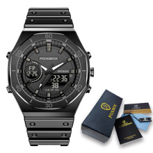 (zwart)FOXBOX Topmerk Luxe Herenhorloges Waterdicht Dubbel Display Polshorloge LED Wekker Horloge