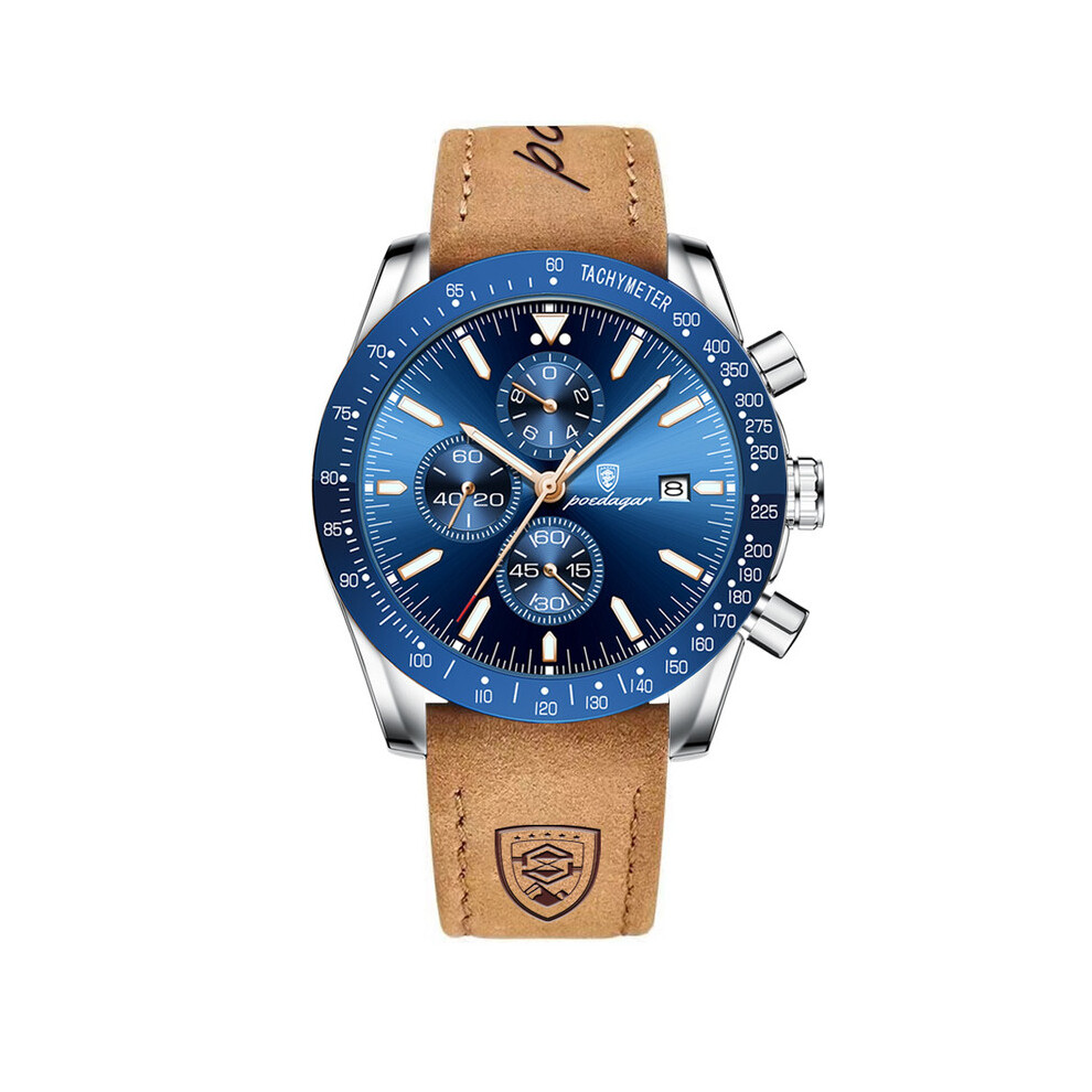 Montre de sport décontractée de luxe (cuir bleu argenté), marque de luxe, chronographe créatif, bracelet
