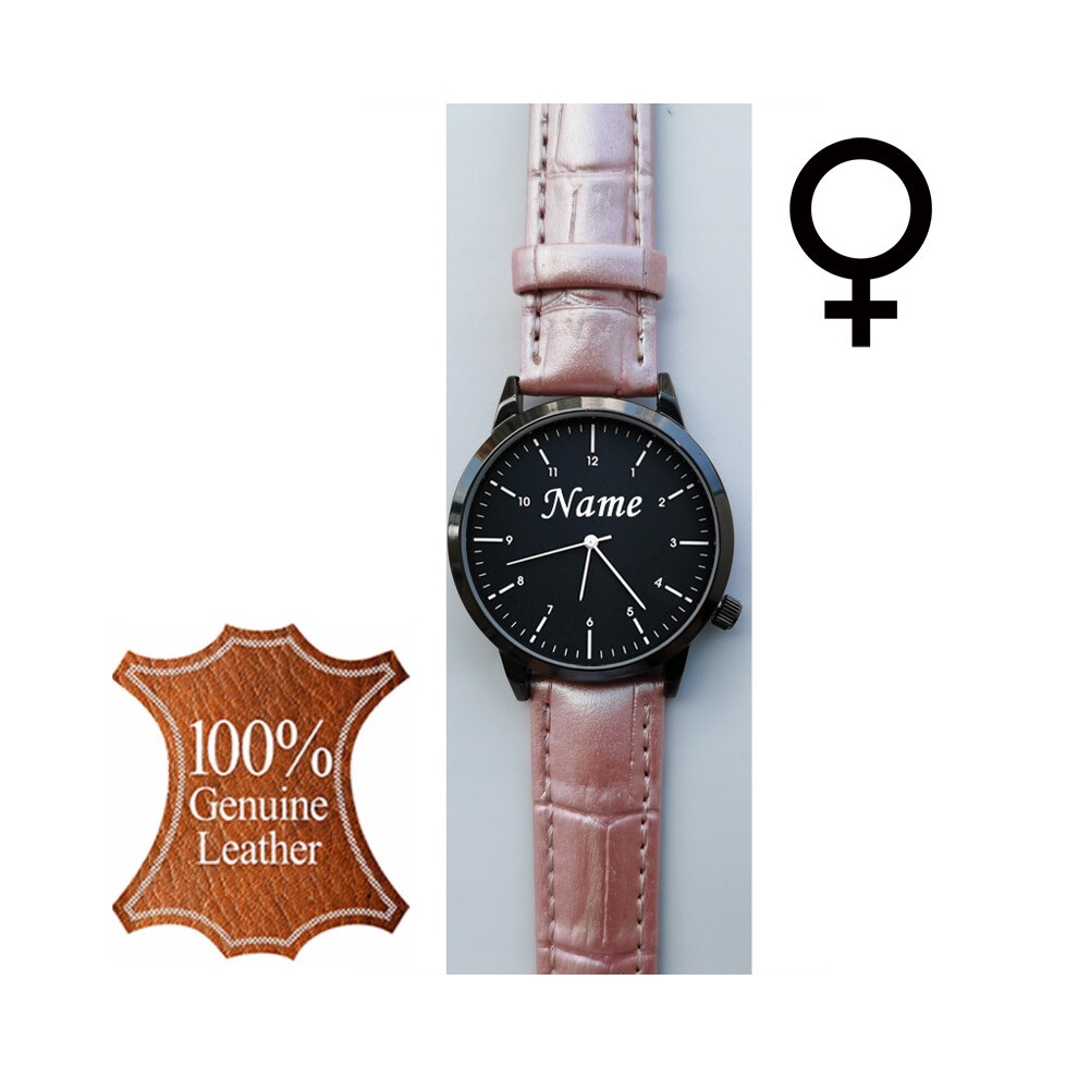 (Femme rose) Montre-bracelet personnalisée avec logo gravé sur le cadran pour homme et femme en cuir