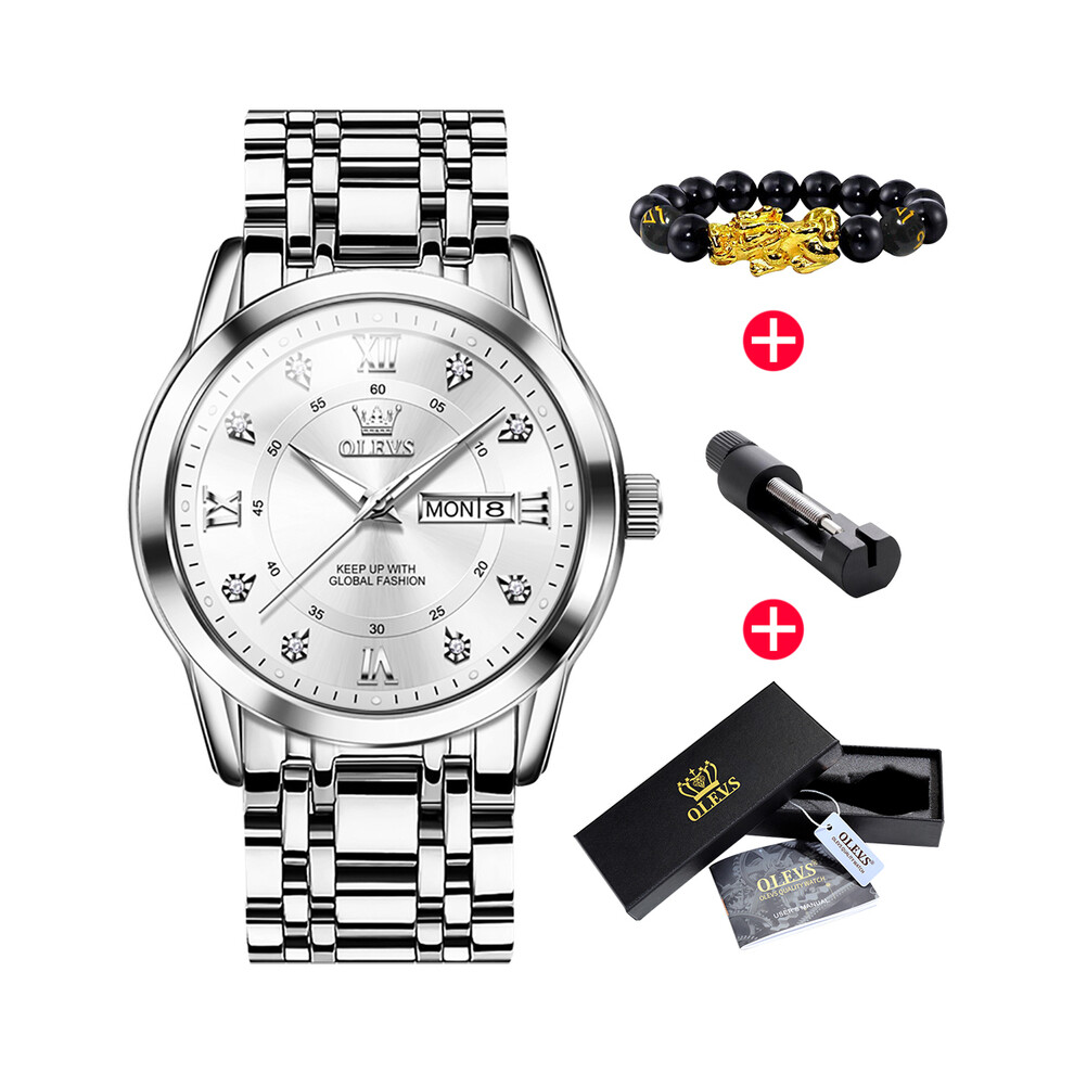 (blanc argenté) Montre OLEVS pour homme Montre-bracelet de luxe en acier inoxydable Or Lumineux Quartz