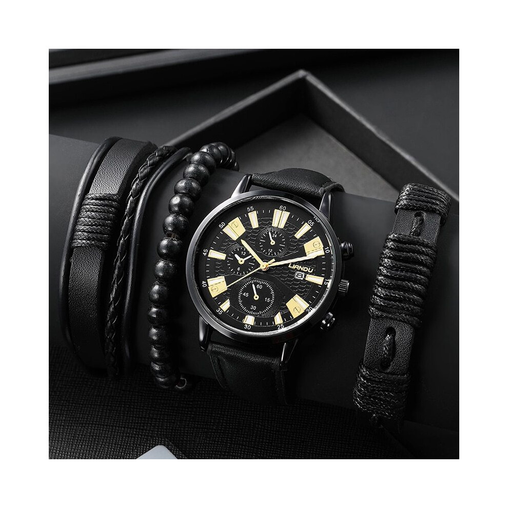 Montre à quartz ronde noire (or noir) 4 pièces avec bracelet en cuir PU pour hommes, montre d'affaires
