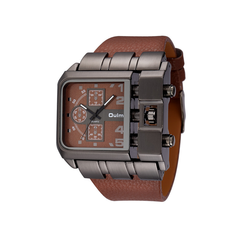 (Marron) Oulm 3364 Montre-bracelet décontractée à cadran carré et bracelet large pour homme Montre à