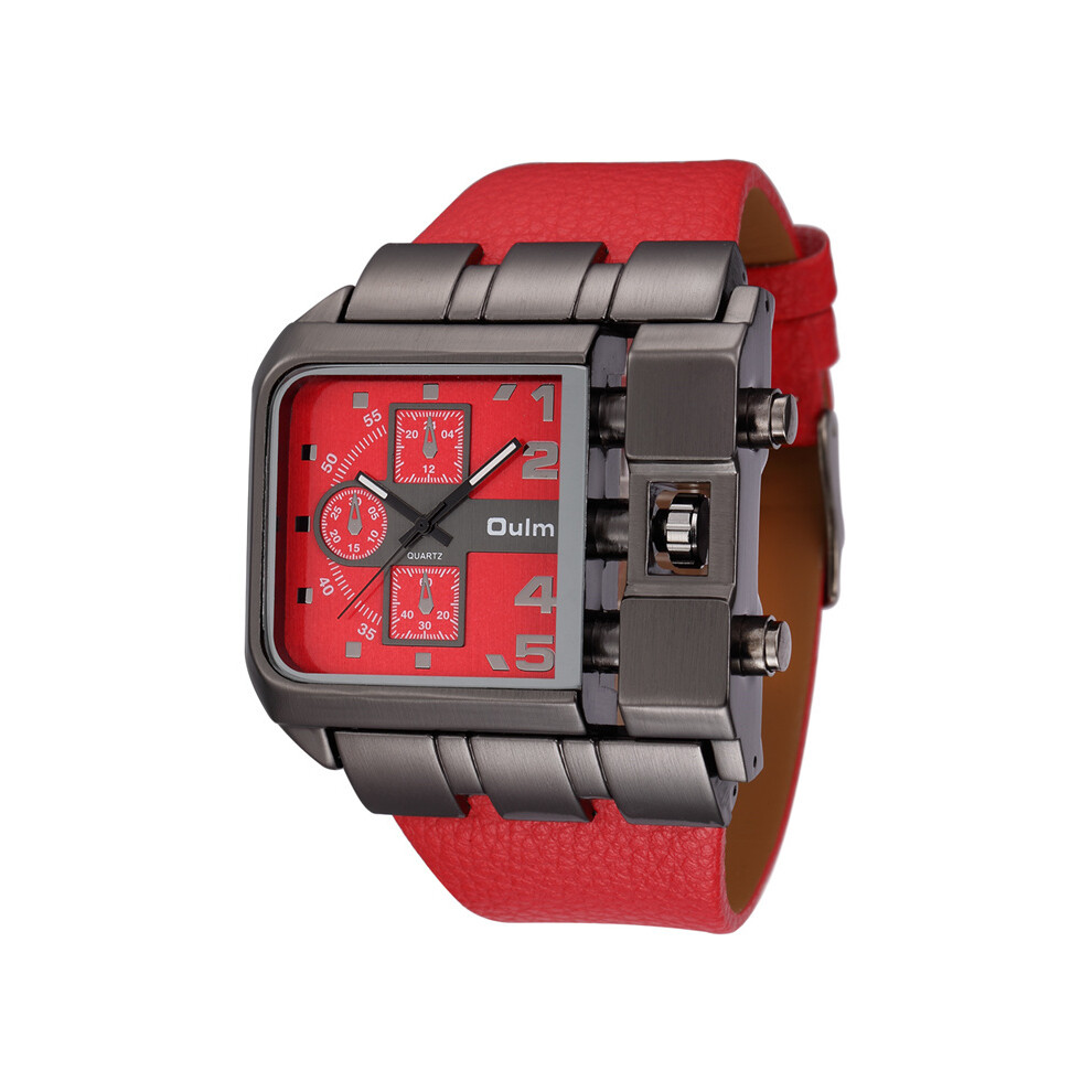 (Rouge)Oulm 3364 Montre-bracelet décontractée à cadran carré et bracelet large pour homme, montre à