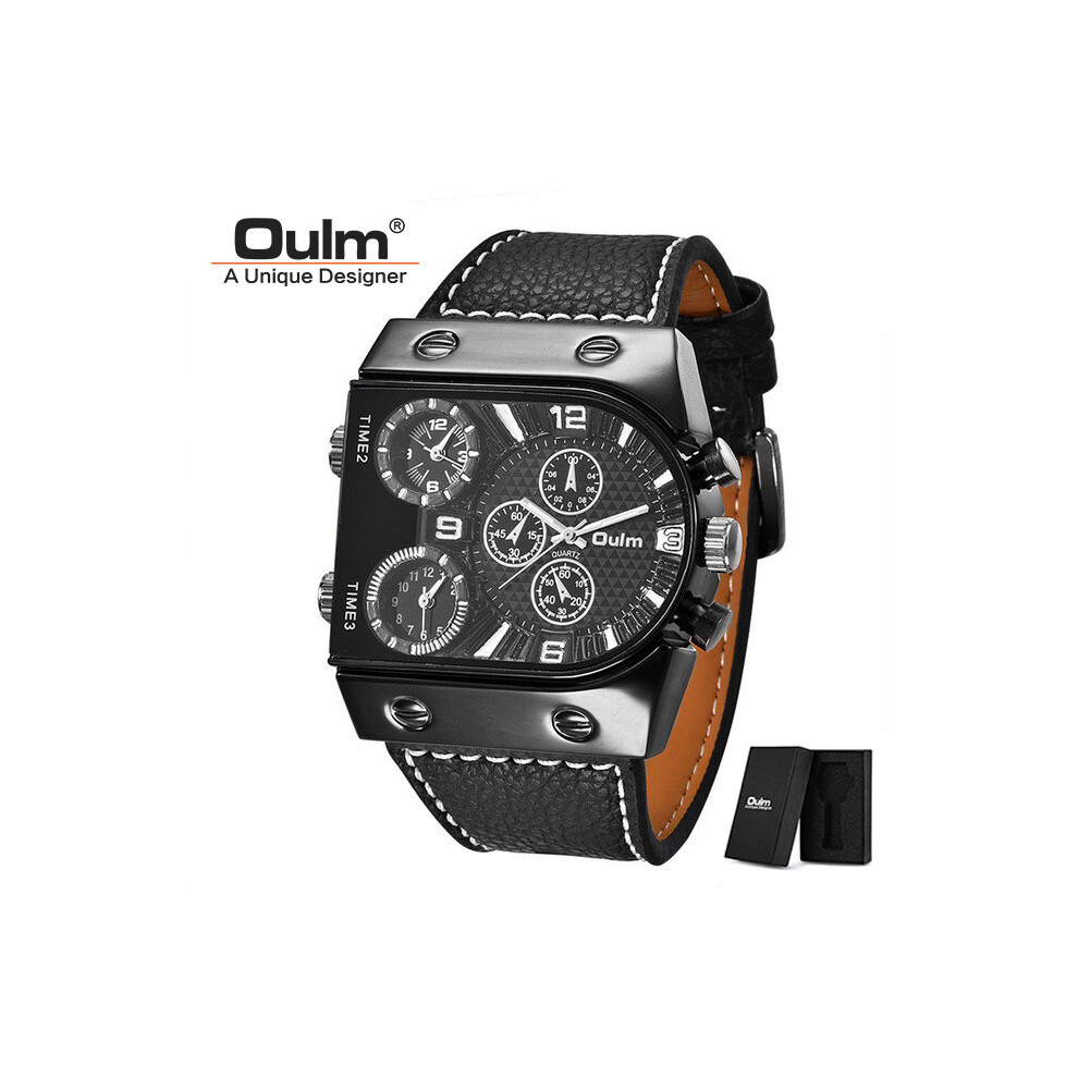 (C3 (avec boîte)) Montres Oulm pour hommes, montre-bracelet à quartz décontractée avec bracelet en cuir,