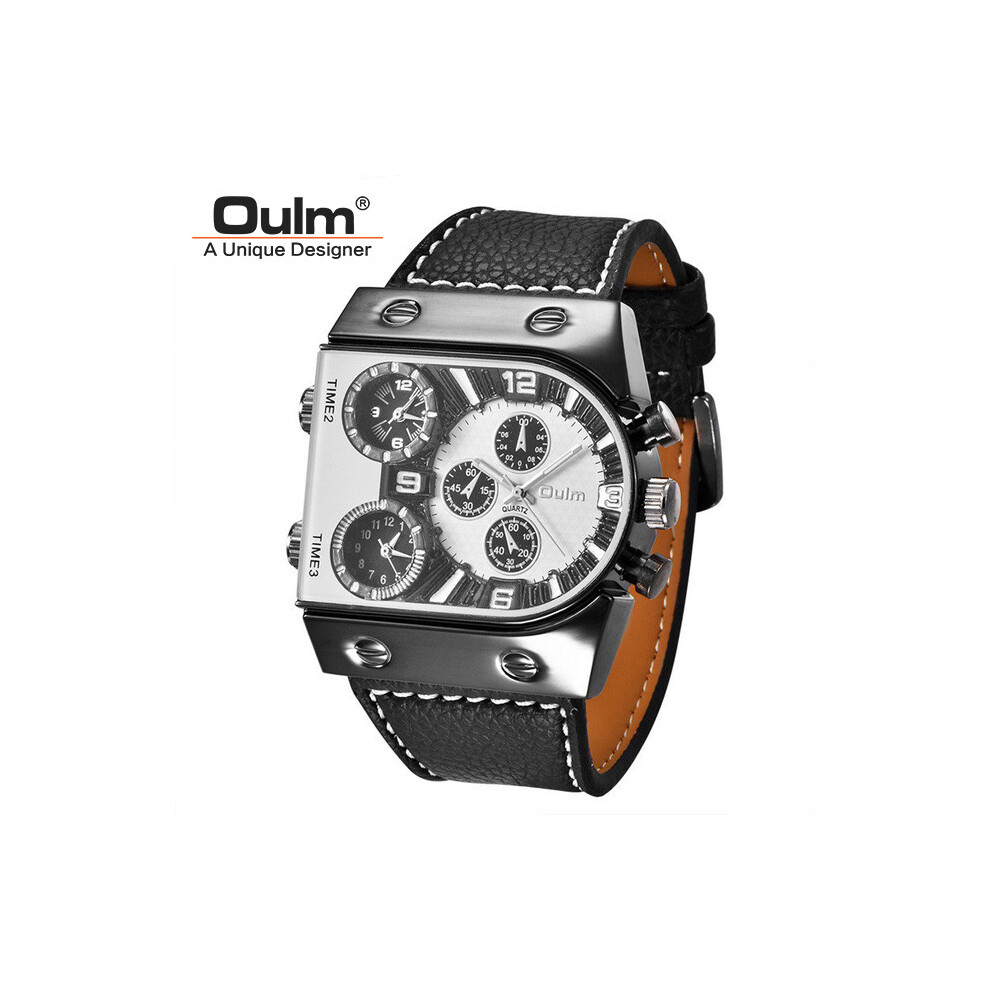 (C2)Oulm Montres Hommes Quartz Décontracté Bracelet En Cuir Montre-Bracelet Sport Multi-Fuseau Horaire