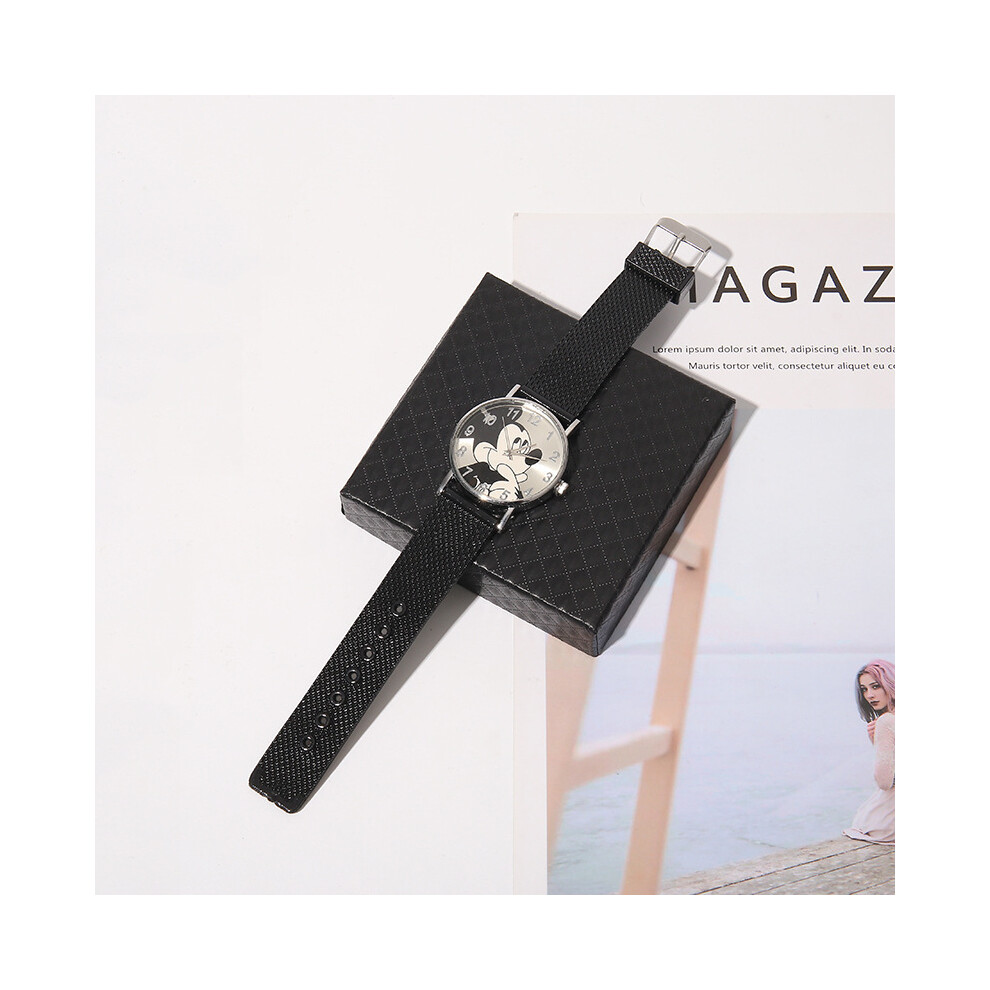 (Bracelet en plastique noir) Montre femme Mickey Mouse élégante en acier inoxydable maille montre décontractée