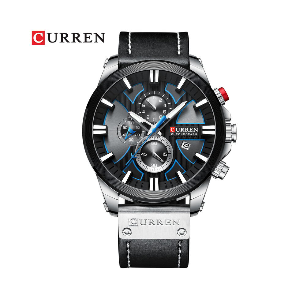 (noir argent noir) Montre chronographe sport hommes montres quartz horloge cuir homme montre-bracelet