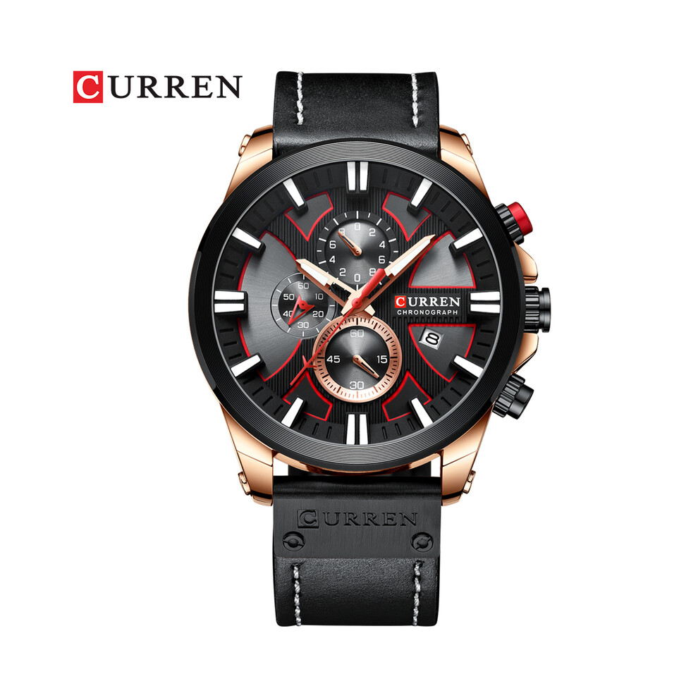 (noir rose noir) Montre chronographe sport hommes montres quartz horloge cuir homme montre-bracelet