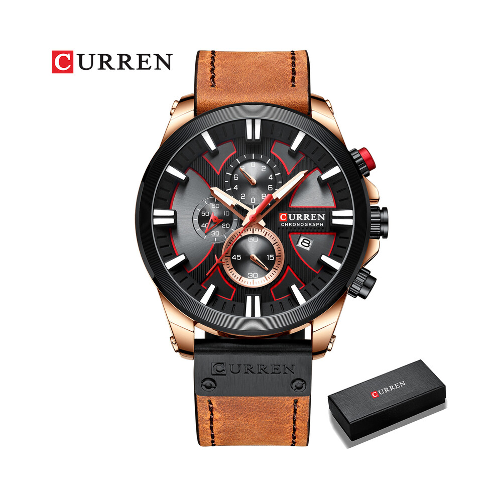 (boîte rose marron) Montre chronographe sport pour homme, montre à quartz, montre-bracelet en cuir pour