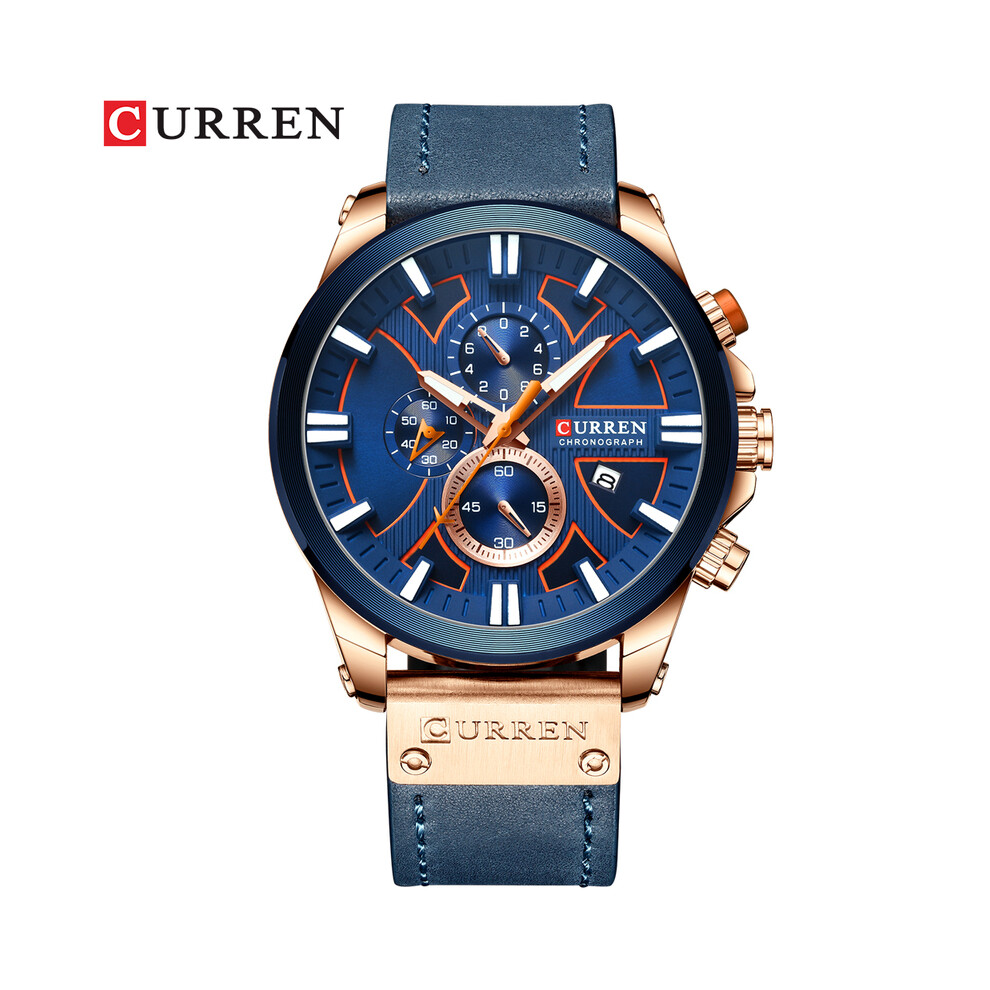 (rose bleu) Montre chronographe sport pour homme, montre à quartz, montre-bracelet en cuir pour homme
