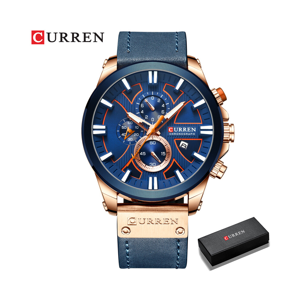 (boîte bleue rose) Montre chronographe sport pour homme, montre à quartz, montre-bracelet en cuir pour