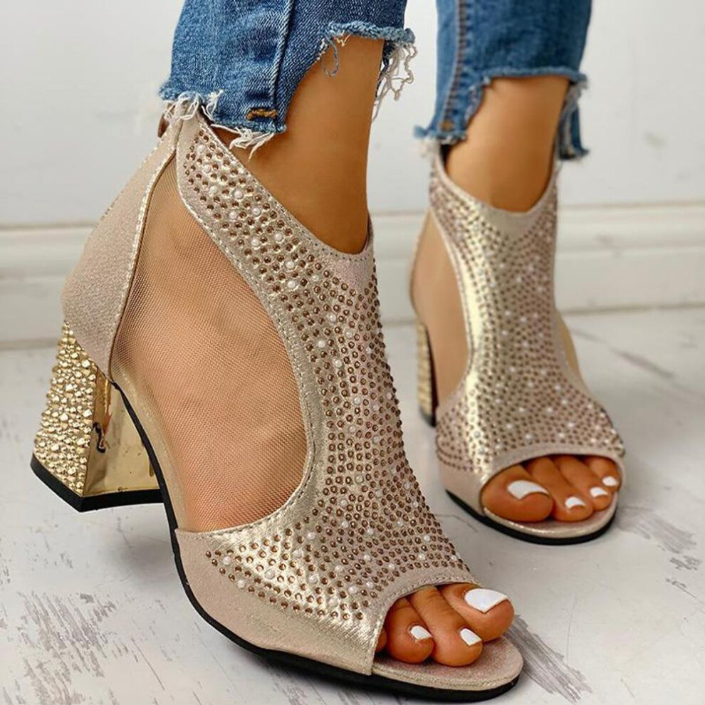 (gold, 39) Spring Women Leather Casual Sandal Heels Sexy Crystal Platform Zipper Peep Toe Slip On Lady Shoes