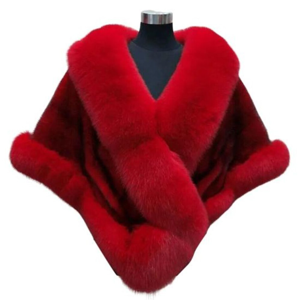 (red) Thickened Warm Mink Fox Fluffy Cape Coat Solid Color Women Winter Faux Fur Shawl