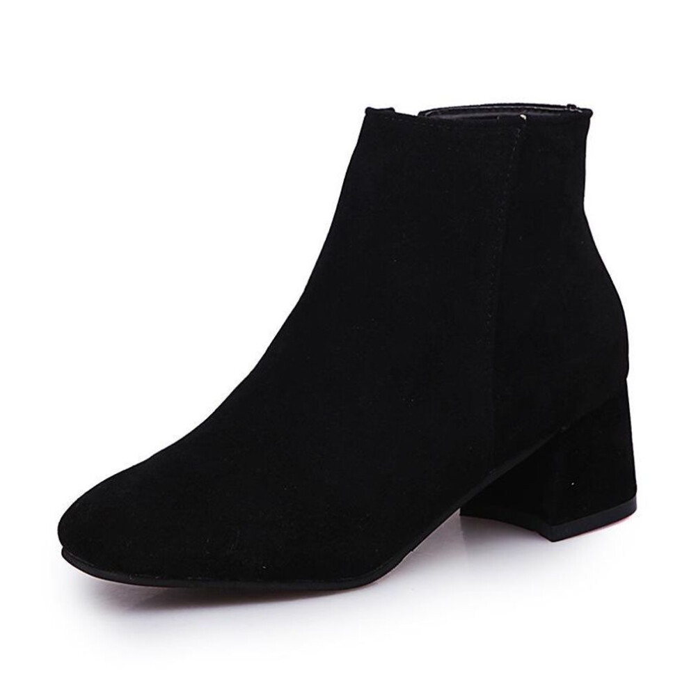 (black, 44) Women Ankle Boots Fashion Pointed Toe Matte Velvet Side Zipper with Thick Heel Medium Heel Plus Size