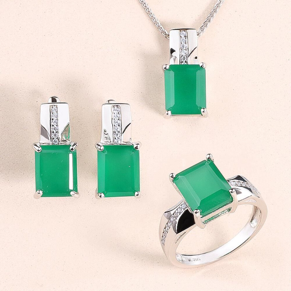 (green, US RING SIZE 9#) Green agate Natural Gem Ring Earrings Necklace Jewelry Set 925 Sterling Silver fashion fine jewelry Women gift