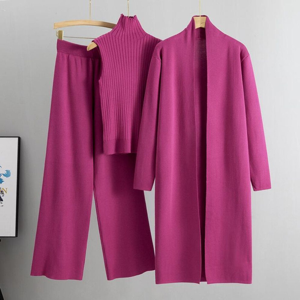 (rose red, One Size) Spring Autumn Women Cardigan Tracksuits Fashion Knitted Pant Set Ladies Sweater Suit Vintage Fashion Ladies Three Piece Set
