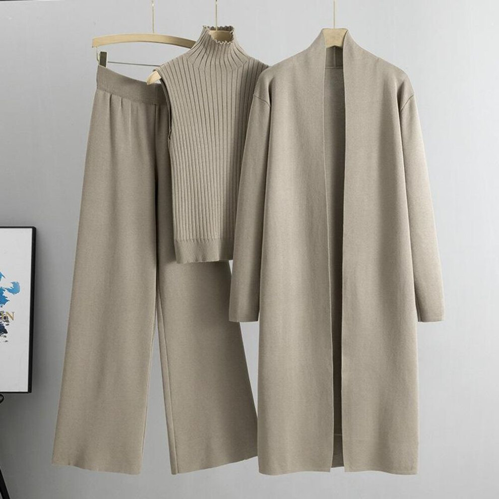 (tan, One Size) Spring Autumn Women Cardigan Tracksuits Fashion Knitted Pant Set Ladies Sweater Suit Vintage Fashion Ladies Three Piece Set
