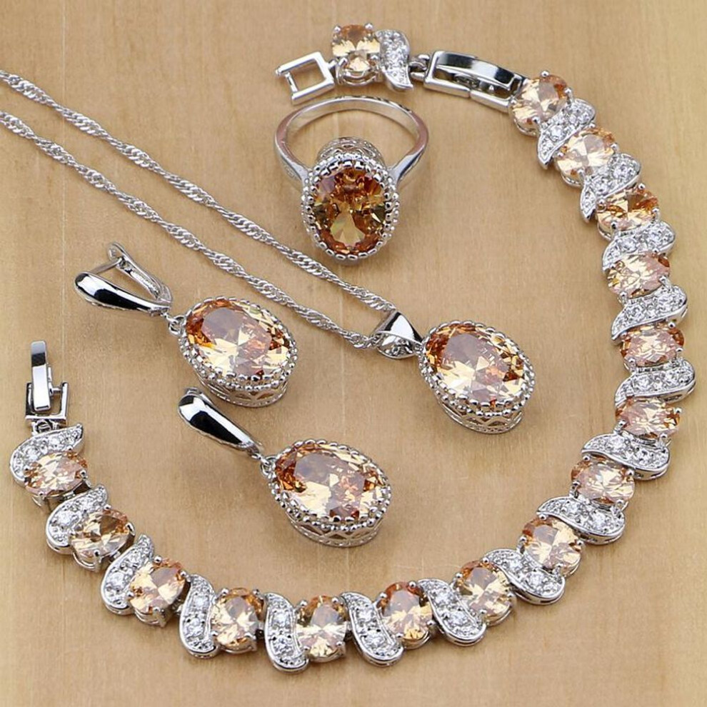 (champagne, 7.5) Silver Color Bridal Jewelry Champagne Stone Jewelry Sets For Women Earrings/Necklace/Rings/Bracelet
