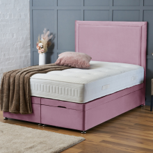 (4ft-Small Double (End Lift Opening), Pink Plush) DIVAN BED UPHOLESTERED HEADBOARD OTTOMAN LIFT UP STORAGE+MATTRESS