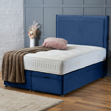 (4ft-Small Double (End Lift Opening), Royal Blue Plush) DIVAN BED UPHOLESTERED HEADBOARD OTTOMAN LIFT UP STORAGE+MATTRESS