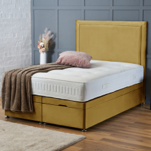 (4ft-Small Double (End Lift Opening), Mustard Plush) DIVAN BED UPHOLESTERED HEADBOARD OTTOMAN LIFT UP STORAGE+MATTRESS