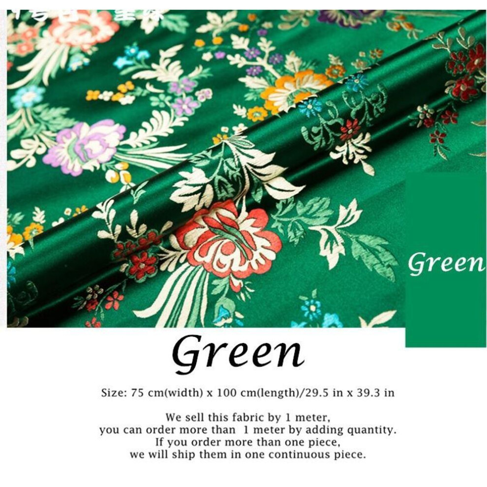 (green) Floral Jacquard Fabric Ethnic Damask Brocade Cloth Satin Faux Silk Retro Crafts for DIY Qipao Dress 75*100cm